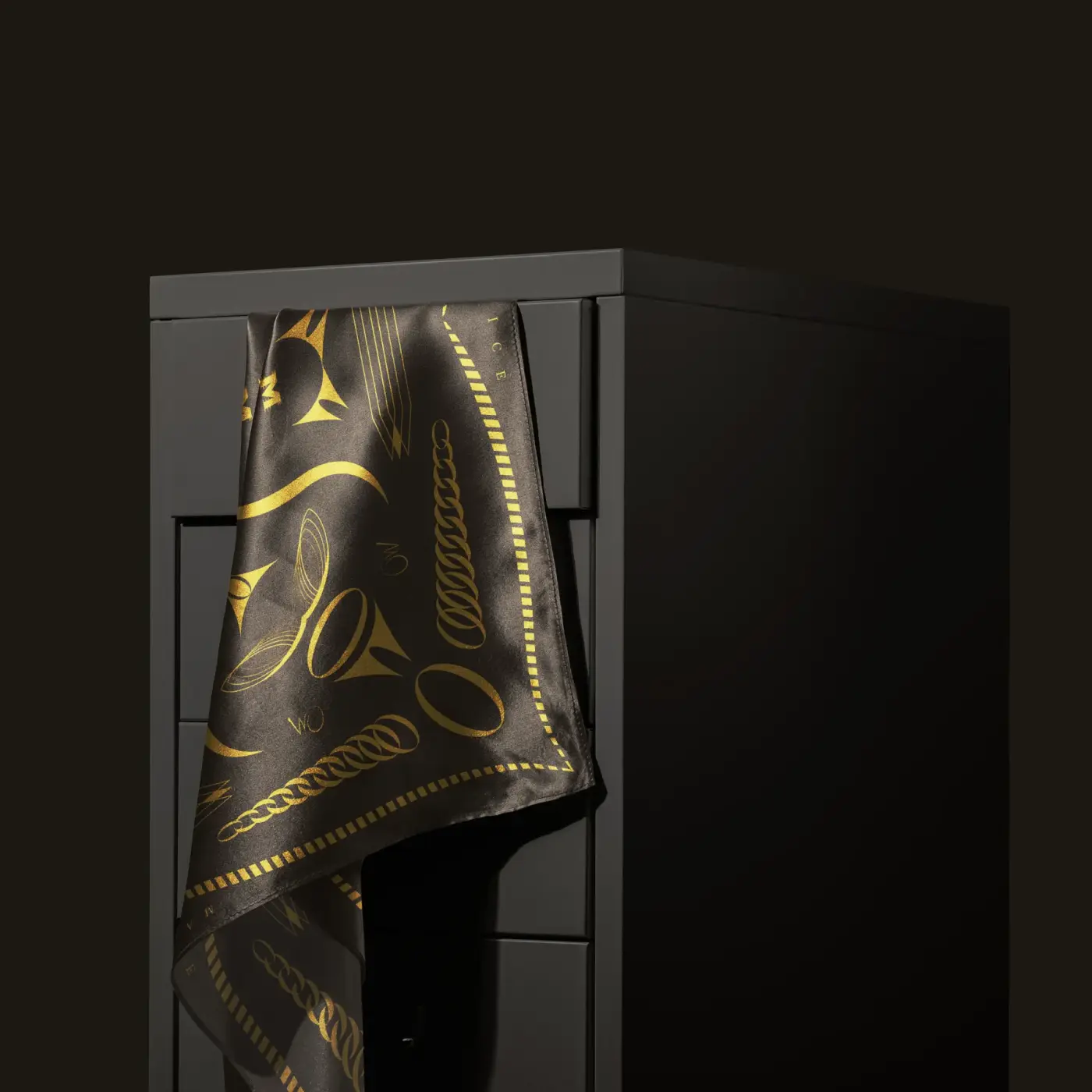 silk scarf draped from a cabinet
