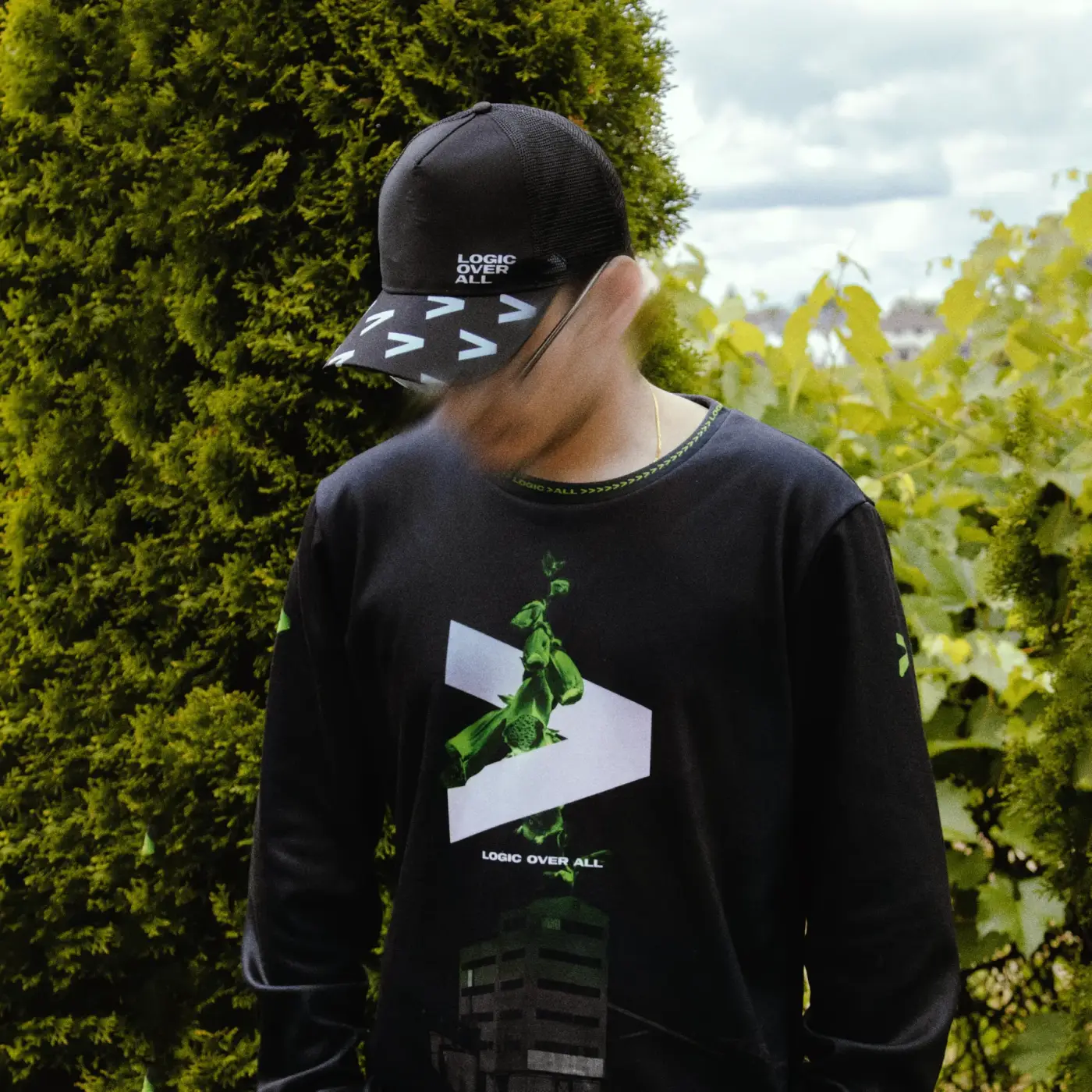 Logic Over All lookbook in the garden