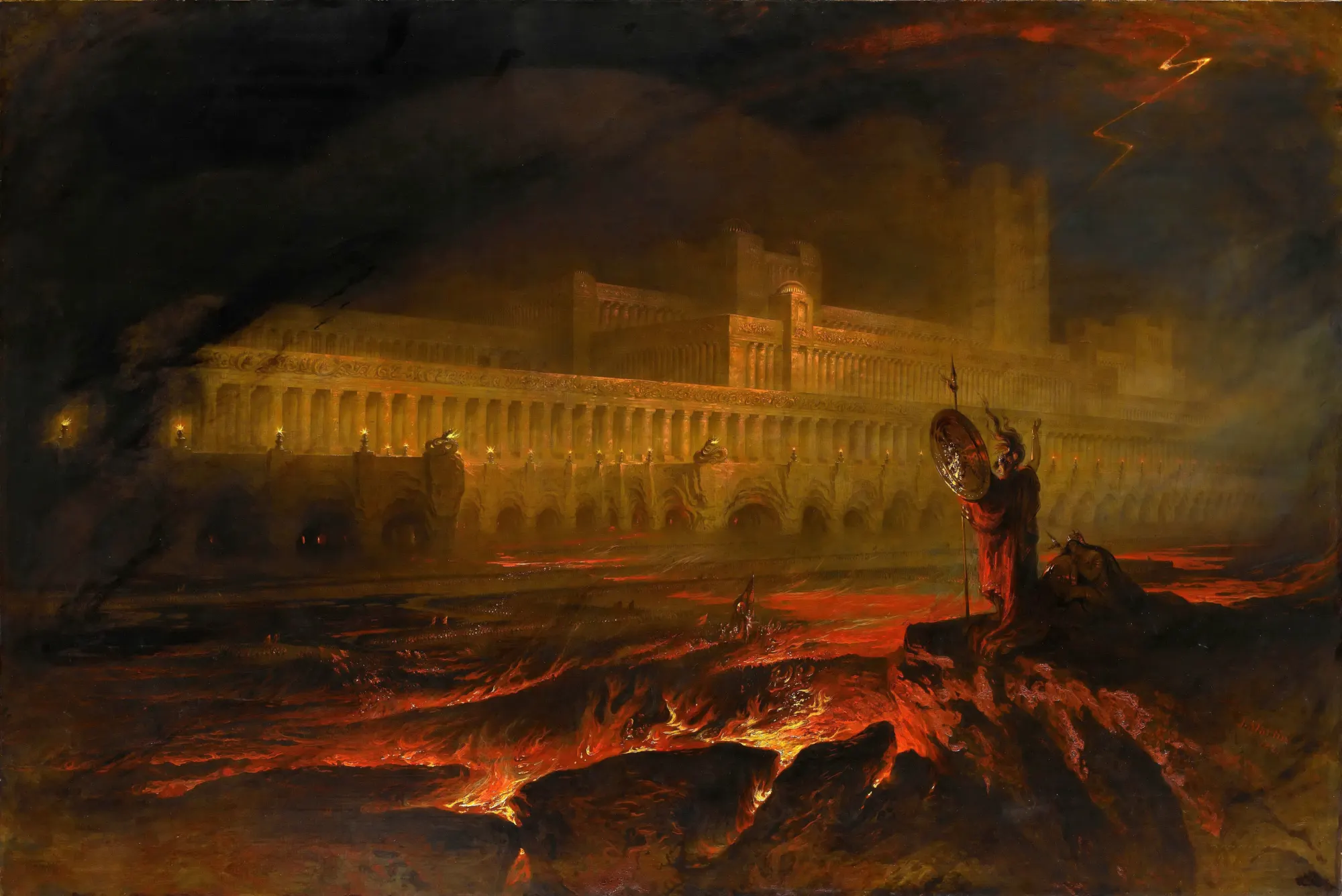 A city of fire on a lake, the moment before